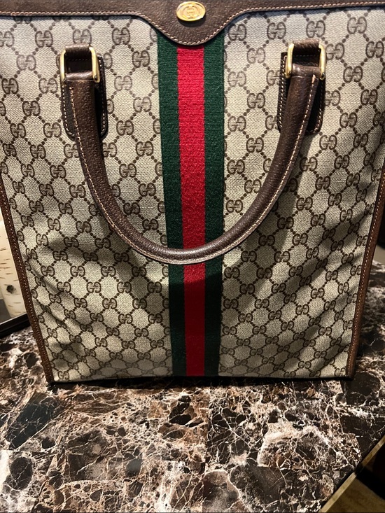 Gucci Handbags - Gucci Beige GG Canvas Tote with Green and Red Web Stripe 16x14x2 inches !